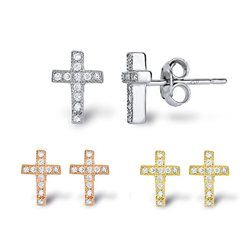SPOIL CUPID Rhodium Plated 925 Sterling Silver CZ Simulated Diamond Mini Crucifix Cross Stud Earrings