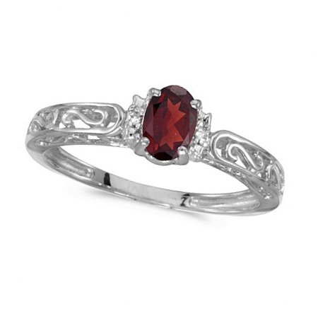 Oval Garnet and Diamond Filigree Antique Style Ring 14k White Gold