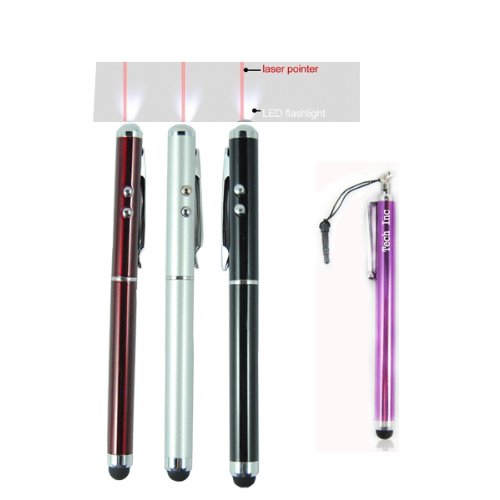 Techinc 3pcs 4in1 Multifunctional Laser Pointer LED Flashlight Ballpoint Pen Stylus for Iphone Ipad Samsung(silver/black/red)