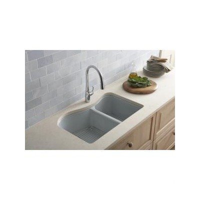 Kohler K-5841-4U-FD Lawnfield Undercounter Offset Double Basin Sink with Four-Hole Faucet Drilling, Cane Sugar