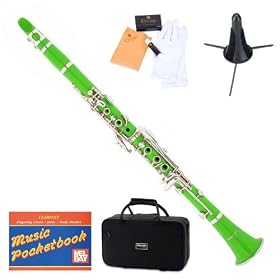 Mendini MCT-G B Flat Green ABS Clarinet w/ Case, Stand, Mouthpiece, Box of 10 Reeds, Cork Grease, & a Pair of Gloves