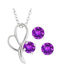 1.50 Ct Round Purple Amethyst Heart Shape Sterling Silver Pendant Earrings Set