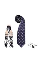 SILVIO SILVANI Pack Tirantes Lisos Beige + Corbata Azul Marino Con Topos Amarillos + Gemelos Con Piedra Azul Marino