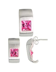Sterling Silver Matte-finish Fancy Earrings (16mm tall) & Pendant Slide (17mm tall) Set, w/ Princess Cut Pink Tourmaline-colored CZ Stones