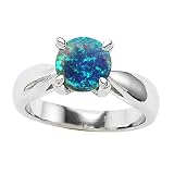 1.35 cttw 925 Sterling Silver 14K White Gold Plated Genuine Round Created Blue Opal Engagement Ring...