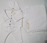 Knitted on Hand Knitting Machine White Cotton Hand Crochet Finished with White Chenille Infant Boys Cardigan Pant Hat and Large Blanket Size 32 By 45 Inches Trimmed with Customer Chosen Ivory Letter Name Choose up to Five Letters