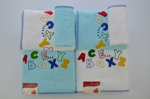 Dadya Home Textile Kids Collection Alphabet, 100 Percent Turkish Cotton 6 Pcs Towel Set, Aqua and White
