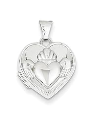 14k White Gold Polished Heart-Shaped Claddagh Locket. Metal Wt- 0.74g