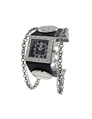 Geneva Platinum 12958912 Womens Rhinestone Chain Studded Leather Cuff Watch-BLACK/SILVER