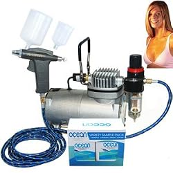 Professional Turbo Tan Airbrush Sunless Tanning System with a Trigger Style Gravity Feed Airbrush Gun and a Ocean Sunless Tanning Variety Sampler Pack (4 Different Solutions - 1 Pint Total)