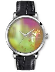 SPRAWL Aanalog Fashion Series Silver Ladies Watches of Genuine Black Leather Strap,Unique Wrist Watch for Women Girls Designed with Floral pattern in blurred background