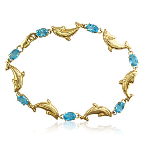 10k Yellow Gold Blue Topaz Dolphin Bracelet