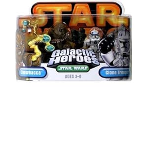 Star Wars Galactic Heroes 2 Pack 2 Inch Tall Action Figure : Chewbacca with Slingshot and Blue Striped Clone Trooper with Blaster Pistol