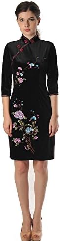 Quyi Women Vintage Elegant Velvet Stretchy Half Sleeve Cheongsam Size 2 Black
