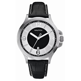 Nautica A19515G Gents Black & Silver 3 Hand Watch With Croco Pattern Leather Strap