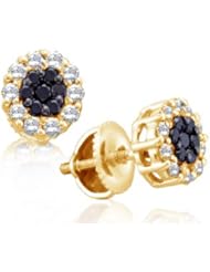 14K Yellow Gold Round Brilliant Cut Black and White Diamond - Flower Shape Invisible & Channel Set Studs Earrings with Secure Screw Back Closure - (1.48 cttw.)