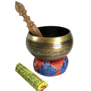 Exquisite 6 Inch Tibetan Singing Bowl Made in Nepal with Striker, Cushion & a Free Roll of Prayer Flags