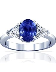 14K White Gold Oval Cut Blue Sapphire Three Stone Ring