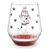 Hand Painted "Sit... Stay... Drink" Stemless Wine Glass - 16 Oz