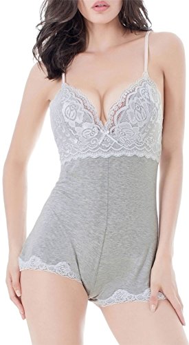 Ruzishun Women's floral Lace and Sexy Lingerie Jumpsuit Mini Babydoll(Gray,L)