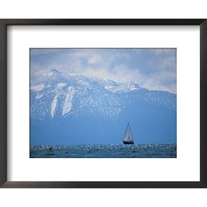 Lake Tahoe, CA, Scenic of Mountains and Boat Framed Art Poster Print by Peter Adams, 22x18