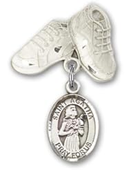 Sterling Silver Baby Badge with St. Agatha Charm and Baby Boots Pin. Catholic Saint Agatha Patron Saint of Nurses, Bell Makers, Breast Disease, Fire Prevention, Nurses, Breast Cancer, Foundry Workers, Protection From Breast Cancer