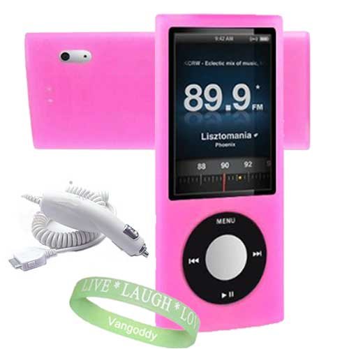 Apple Ipod Nano 8 GB / 16 GB 5th Generation 5G ( Newest Version ) Hot Pink Silicone Skin Case cover + Ipod Nano 5G Car Charger + Vangoddy TM, Live*Laugh*Love wrist band!!!