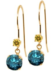 1.24 Ct Round Blue Diamond Yellow Citrine 14K Yellow Gold Earrings