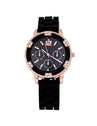Sotijobs Classic Rubber Jelly Ladies Gold Chronograph Rhinestones Wrist Watch Black