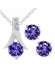 2.25 Ct Round Purple Amethyst & Diamond Silver Pendant & Earrings Set 18" Chain
