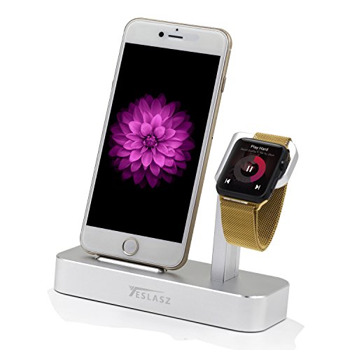 Apple Watch Stand, Teslasz 2 in 1 Premium Aluminum Charging Dock Station Stand Holder for Apple iWatch & iPhone(iPhone 5/ 5S/ 6/ 6 Plus, iWatch BASIC / SPORT / EDITION Model)-Silver