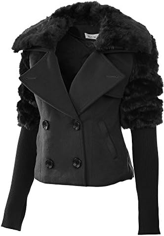 Mur Mur Women Double Breasted Jacket W/ Detachable Fur Collar 6720 Medium BLACK