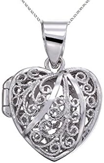 Sterling Silver Rhodium Heart Filigree Locket Pendant Chain Included
