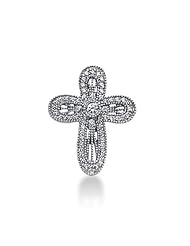 14K White Gold Round Diamond Pave & Burnish Set Milgrain Antique Cross Pendant (0.70ct)
