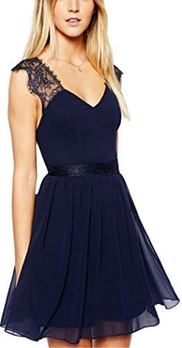 Waloneby Women's V Neck Backless Lace Chiffon Dress (M, Navy)