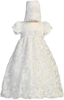 Baby Girl Long White Embroidered Satin Ribbon Tulle Christening Dress with Hat