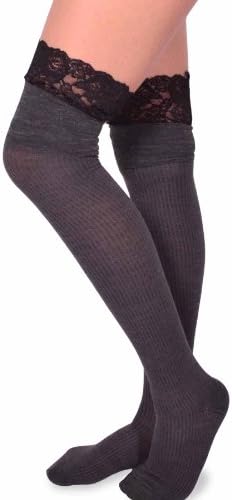 TeeHee Ribbed Lace Over the Knee High, One Size, Black Hrt/Black