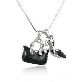 Crystal and Black Enamel Bag and Shoe Pendant Necklace Fashion Jewelry