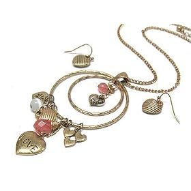 Antique Style Long Love Heart Round Pendant Charm Necklace Earring Set Silver Gold