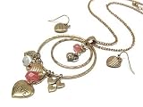 Antique Style Long Love Heart Round Pendant Charm Necklace Earring Set Silver Gold, Silver