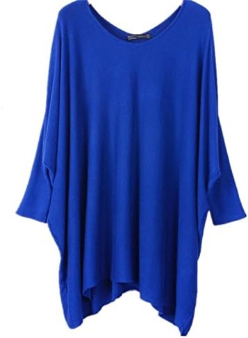 Women's Plus Size Casual Loose Long Sleeve Knit Sweater Batwing Blouse (Blue)