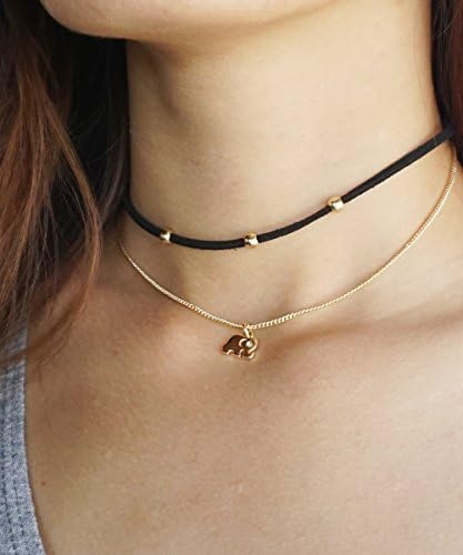 Black Suede Choker with Gold Beads and Elephant Charm Necklace, Thin Black Choker, Faux Suede Choker Necklace, Charm Choker