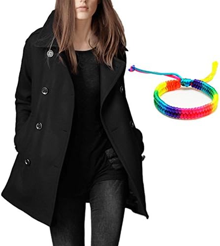 Woman's Fold Down Slim Topcoat Lapel Double Breasted Woolen Trench Coat Large Black