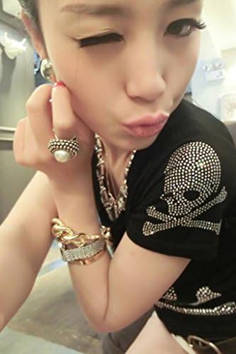 Xuanlin Women's Skull Rhinestone t-shirts o-neck black tops L