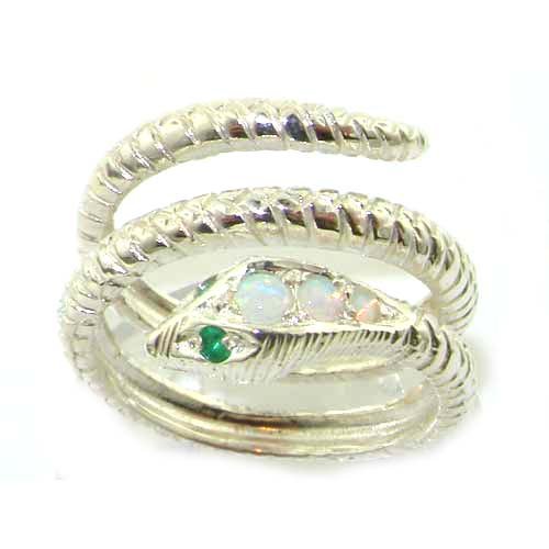 Click To Fabulous Solid Sterling Silver Natural Fiery Opal & Emerald Detailed Snake Ring - Finger Sizes 5 to 12 Available Details... Fabulous Solid Sterling Silver Natural Fiery Opal & Emerald Detailed Snake Ring - Finger Sizes 5 to 12 Available