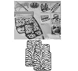 13-Piece Safari Animal Print Automotive Interior Gift Set - 2 Zebra Black and White Low Back Front Bucket Seat Covers with Separate Headrest Cover, 1 Zebra Black and White Steering Wheel Cover, 2 Zebra Black and White Shoulder Harness Pressure Relief Cover, 1 Zebra Black and White Bench Cover and 2 Universal-Fit Zebra Black and White Front Rubber Floor Mats