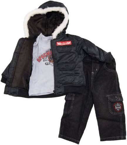 Fifty Fifty Baby Boys Quilted Hooded Jacket Long Sleeve Tee Jeans 3Pc Set 18MBlack