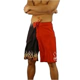 Mens Quiksilver red and black flame boardshorts. Very high quality surf brand name board shorts with very catchy flame design, surf style hook and loop tie and custom logo embroidery. Great authentic trunks for swimming and surfing.