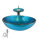 17" Blue Round Tempered Bathroom Glass Vessel Sink with Compatible Waterfall Faucet in Chrome