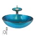 17" Blue Round Tempered Bathroom Glass Vessel Sink with Compatible Waterfall Faucet in Chrome Finish